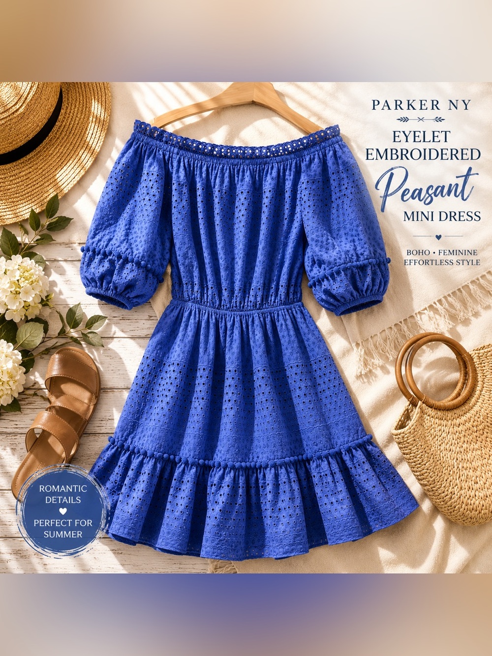 * Parker NY Eyelet Embroidered Peasant Mini Dress Blue Medium